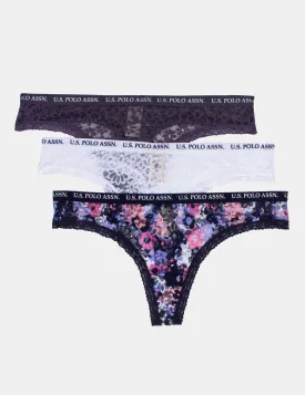 3 Pack Printed Lace Thong