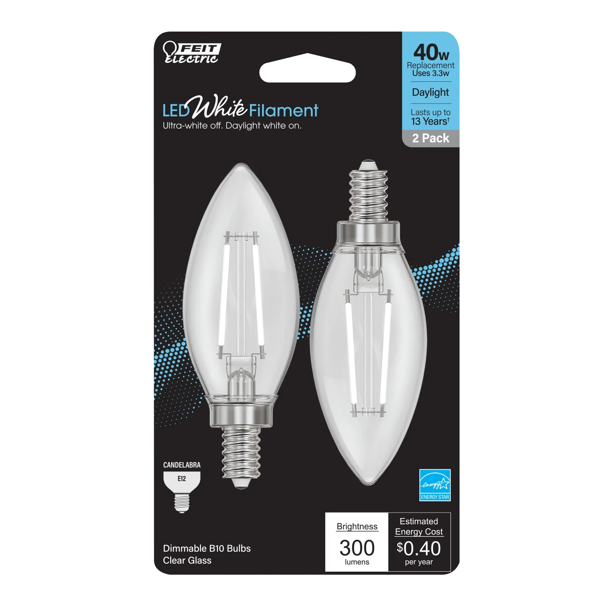 3.3W (40W Equivalent) Daylight White (5000K) B10 (E12 Base) Torpedo Tip Exposed White Filament LED Bulb (2-Pack)