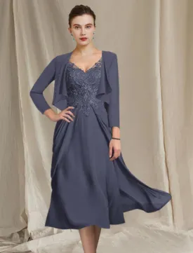 A-Line Mother of the Bride Dress Plus Size Elegant V Neck Tea Length Chiffon Lace Short Sleeve Wrap Included with Appliques