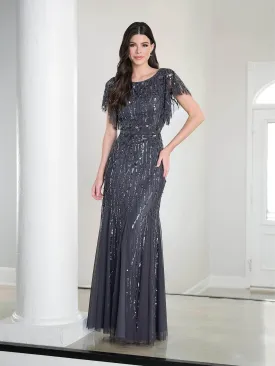 Adrianna Papell Platinum Long Dress - 40452 Sequined with Elegant Flutter Sleeves