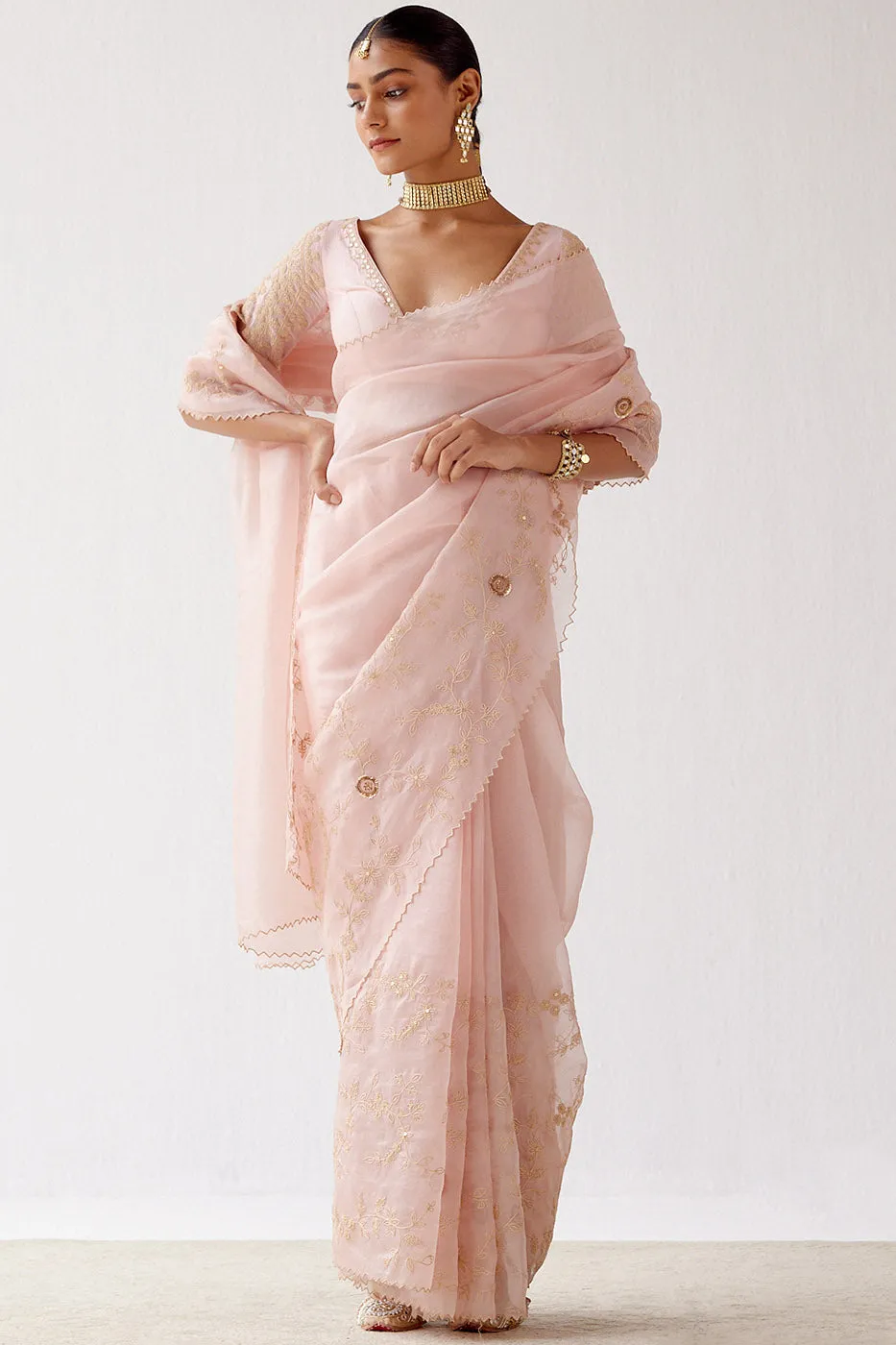 Baby Pink Embroidered Organza Saree