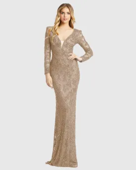 Beaded Illusion Plunge Neck Long Sleeve Gown - FINAL SALE