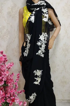 Black Hand Embroidered Parsi Gara Pure Georgette Saree