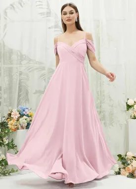 Blush Chiffon Cold Shoulder Sweetheart Bridesmaid Dress Pocket