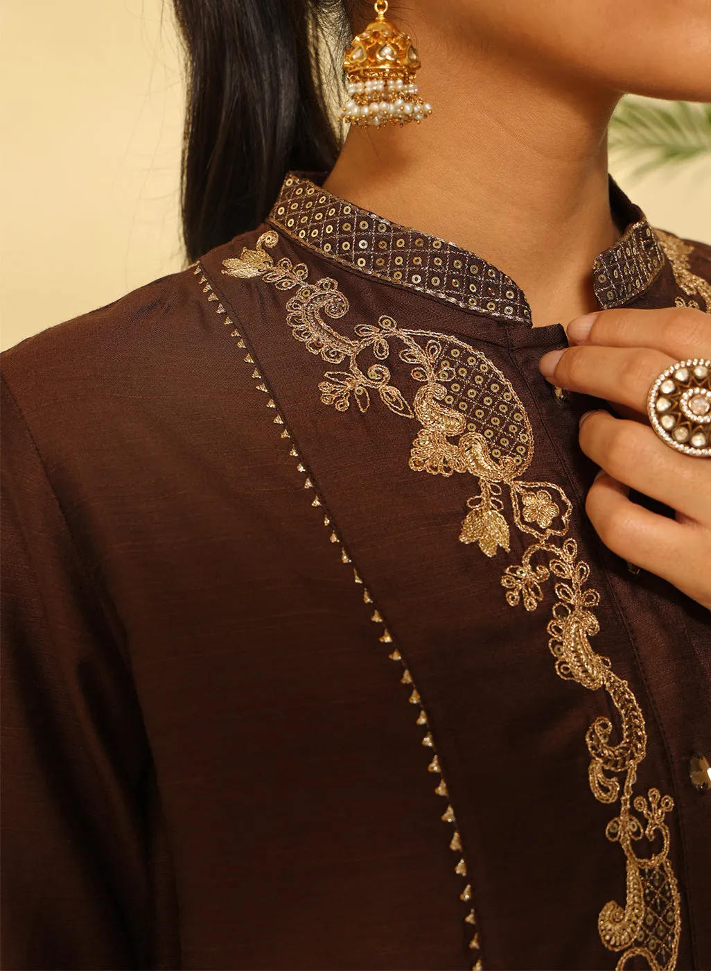 Brown Embroidered Sequins Work Kurta Set