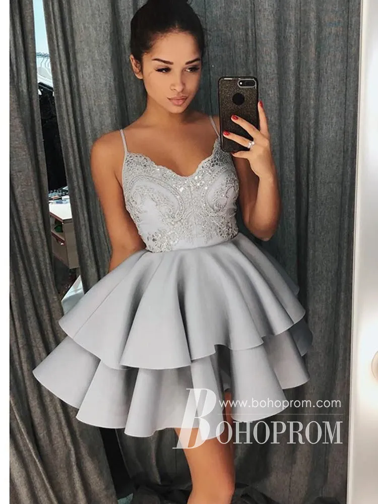 Charming Sequins A-line Homecoming Dresses Appliqued Satin Short Gowns HD467