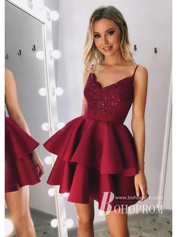 Charming Sequins A-line Homecoming Dresses Appliqued Satin Short Gowns HD467