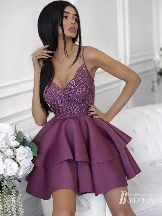 Charming Sequins A-line Homecoming Dresses Appliqued Satin Short Gowns HD467