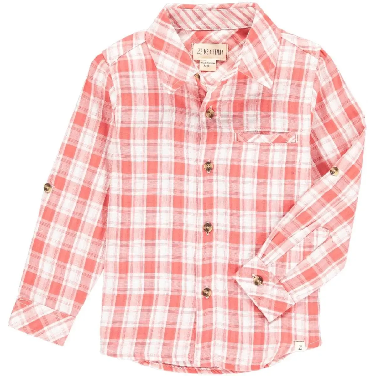 Coral/white plaid woven shirt | Me & Henry