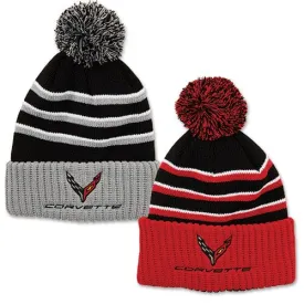 Corvette Beanie with Pom -Grey/Red