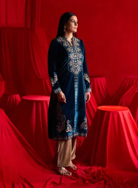 Dark Teal Zari Work Velvet Kurta with Sequins