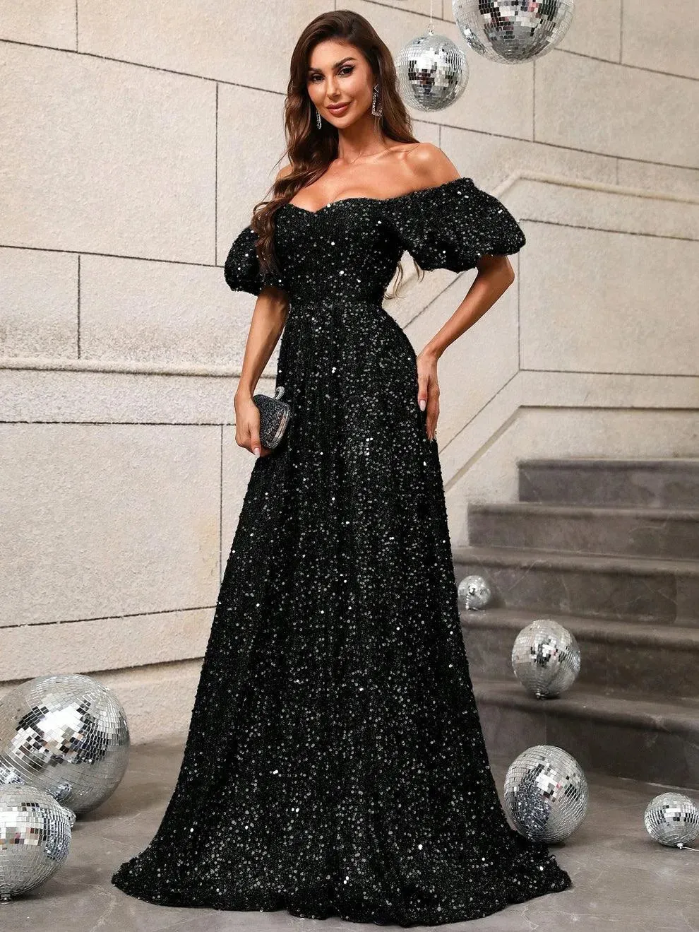 Elegant Off Shoulder Puff Sleeves Sequin A Line Dress