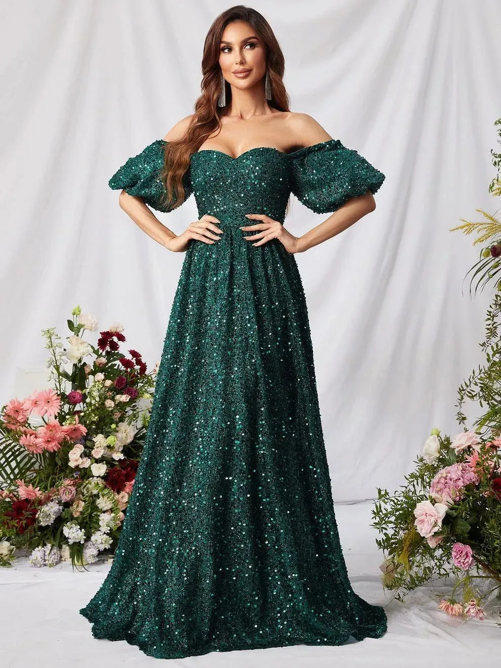 Elegant Off Shoulder Puff Sleeves Sequin A Line Dress