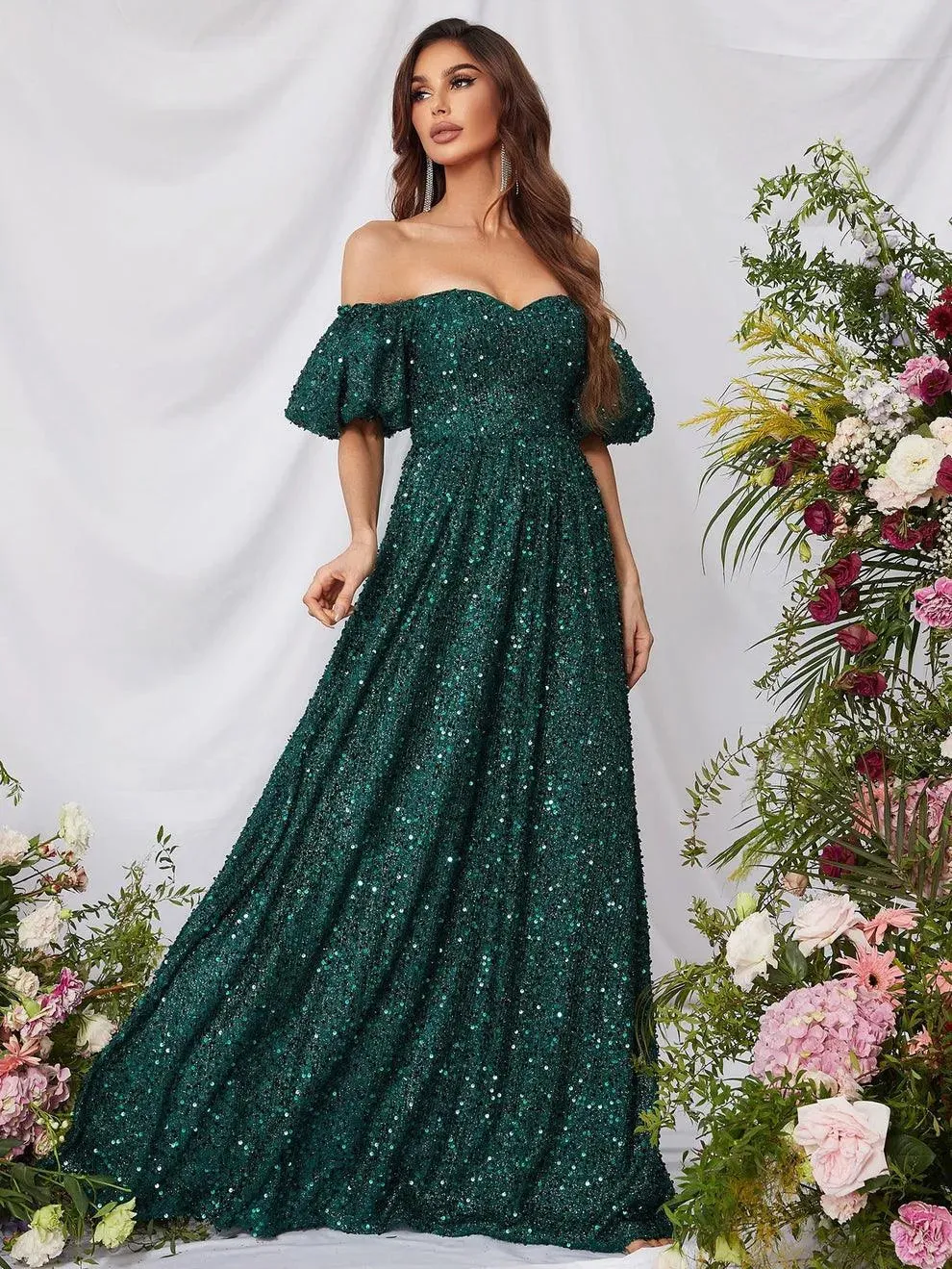 Elegant Off Shoulder Puff Sleeves Sequin A Line Dress