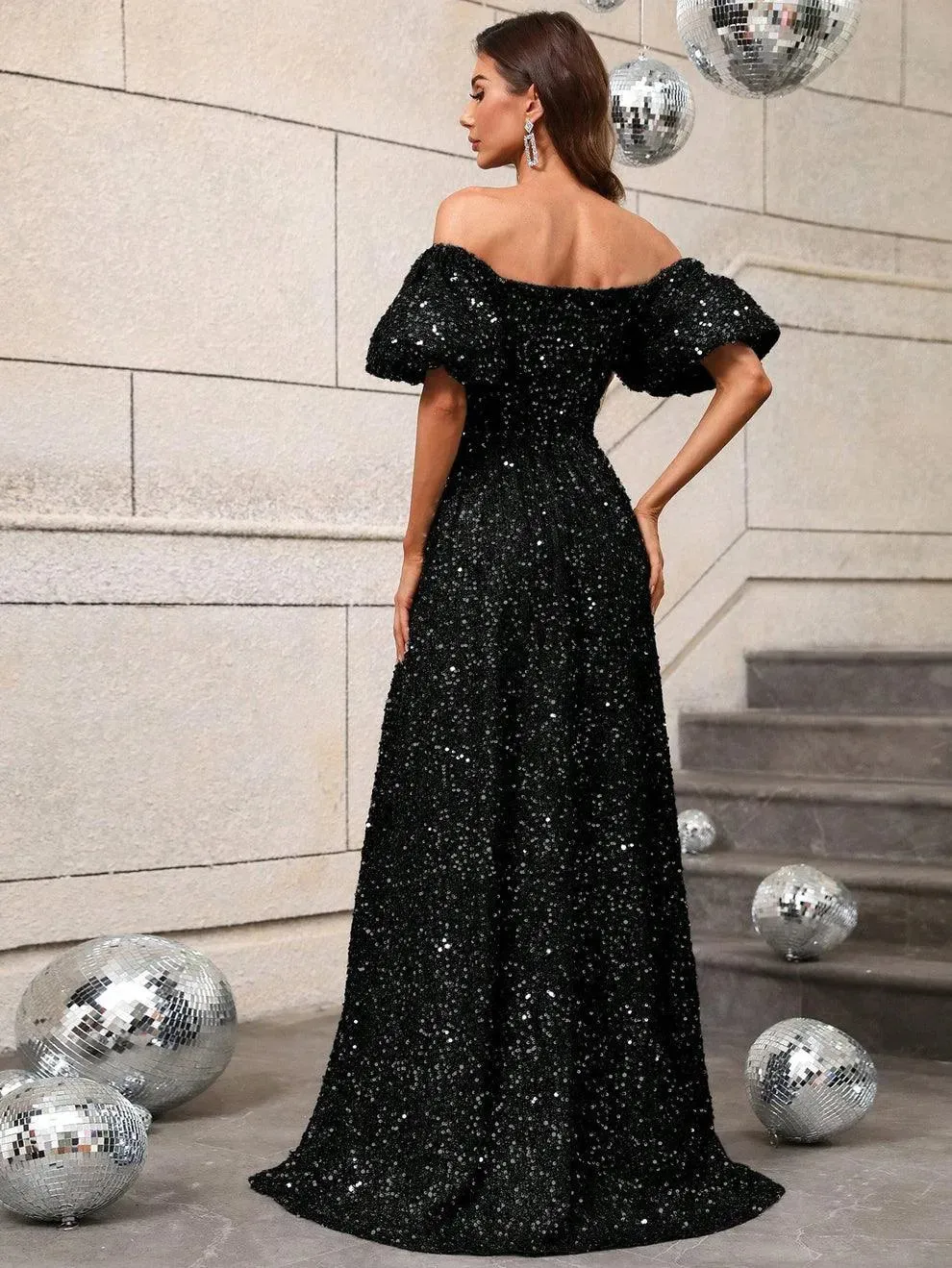 Elegant Off Shoulder Puff Sleeves Sequin A Line Dress