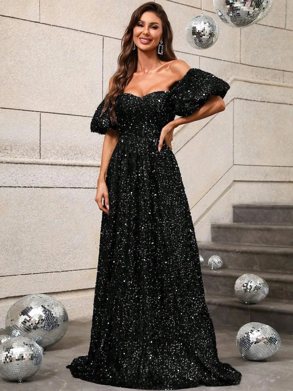 Elegant Off Shoulder Puff Sleeves Sequin A Line Dress