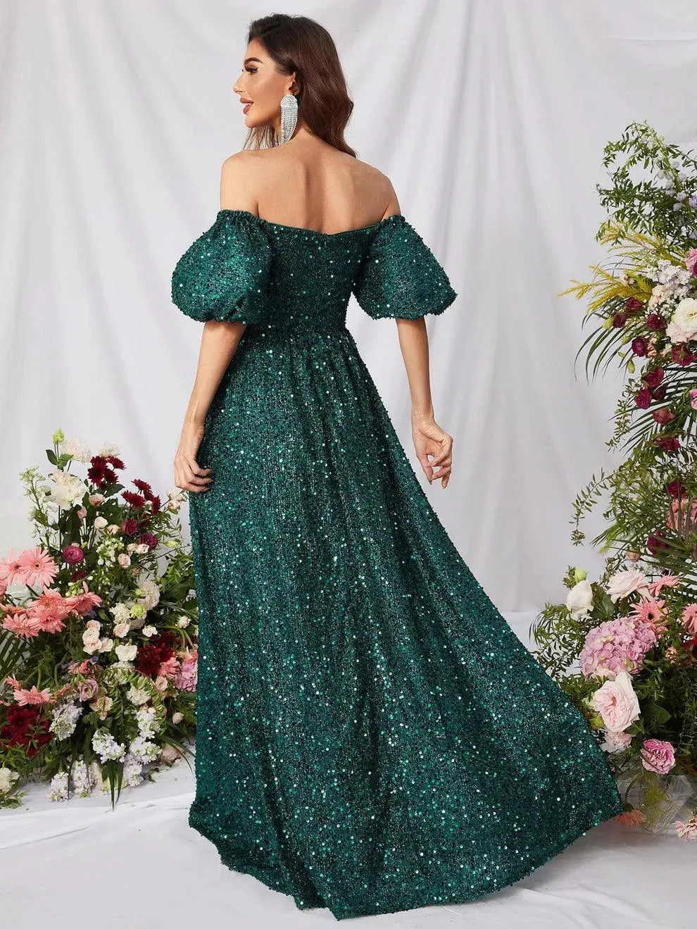 Elegant Off Shoulder Puff Sleeves Sequin A Line Dress