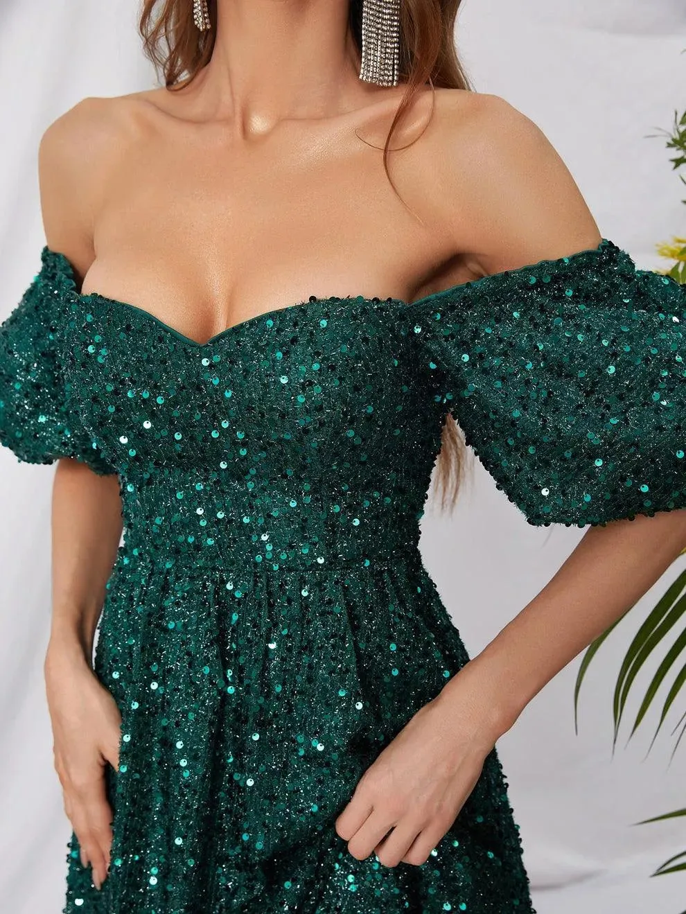 Elegant Off Shoulder Puff Sleeves Sequin A Line Dress