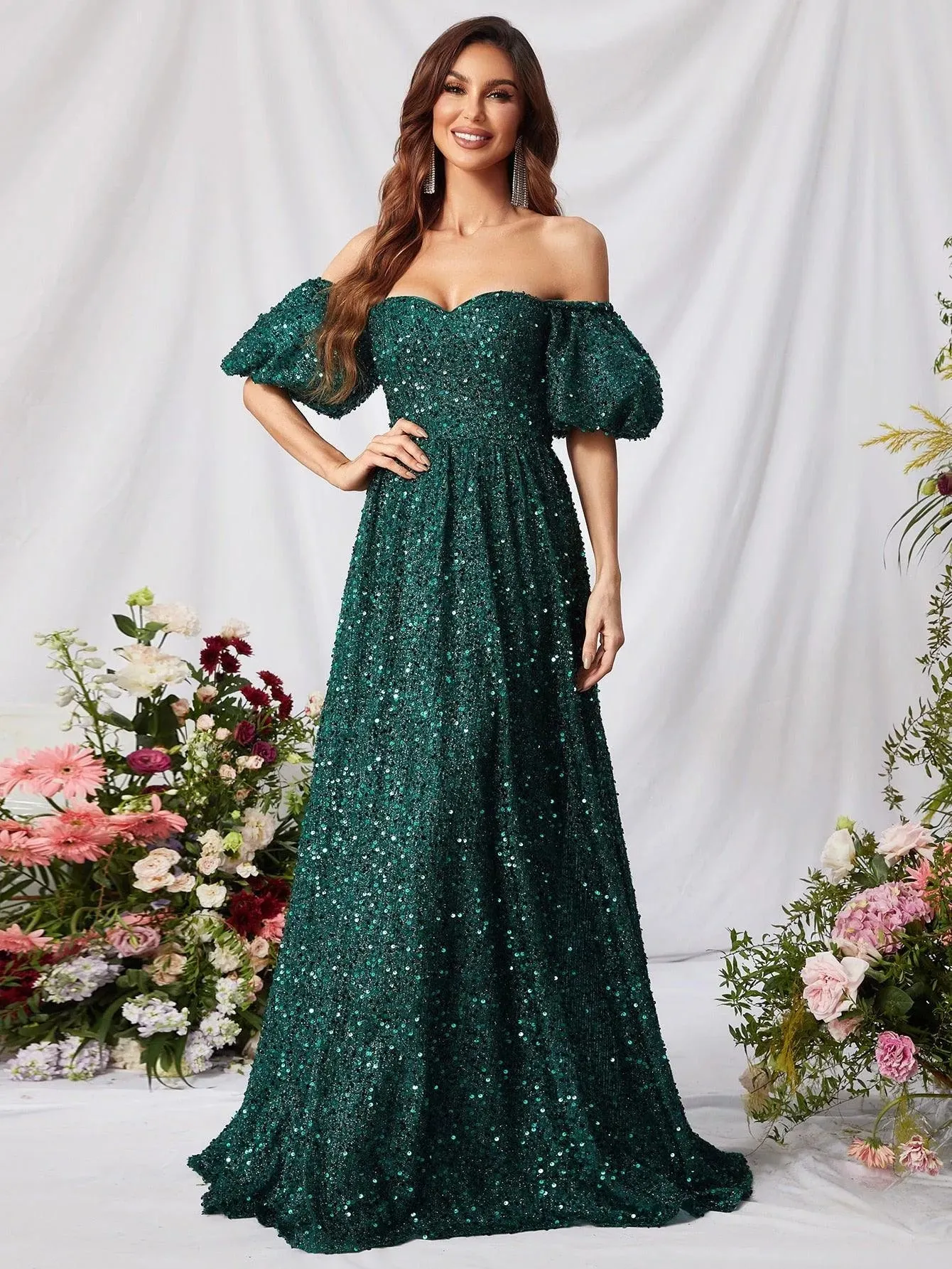 Elegant Off Shoulder Puff Sleeves Sequin A Line Dress