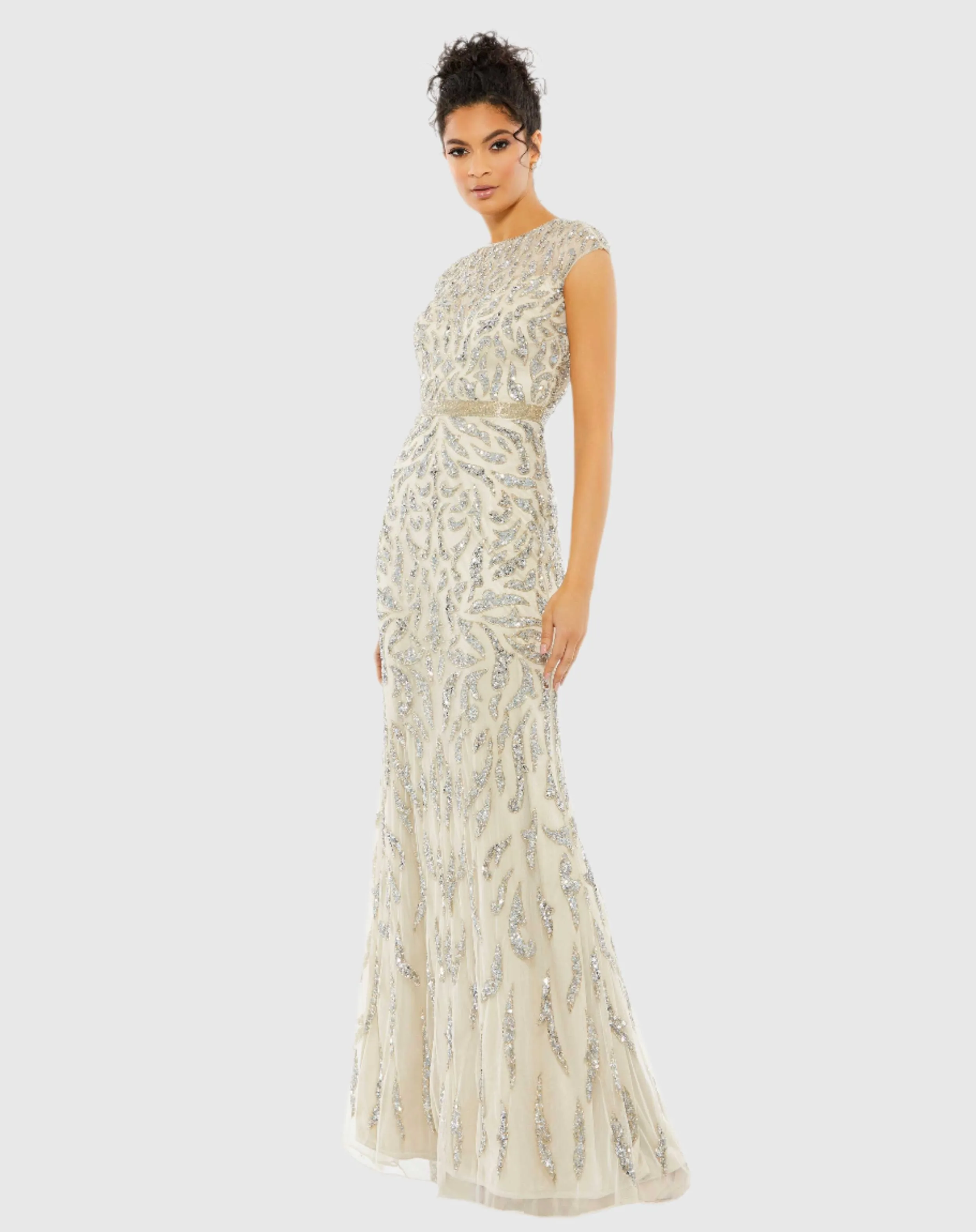 Embellished Illusion Cap Sleeve Column Gown