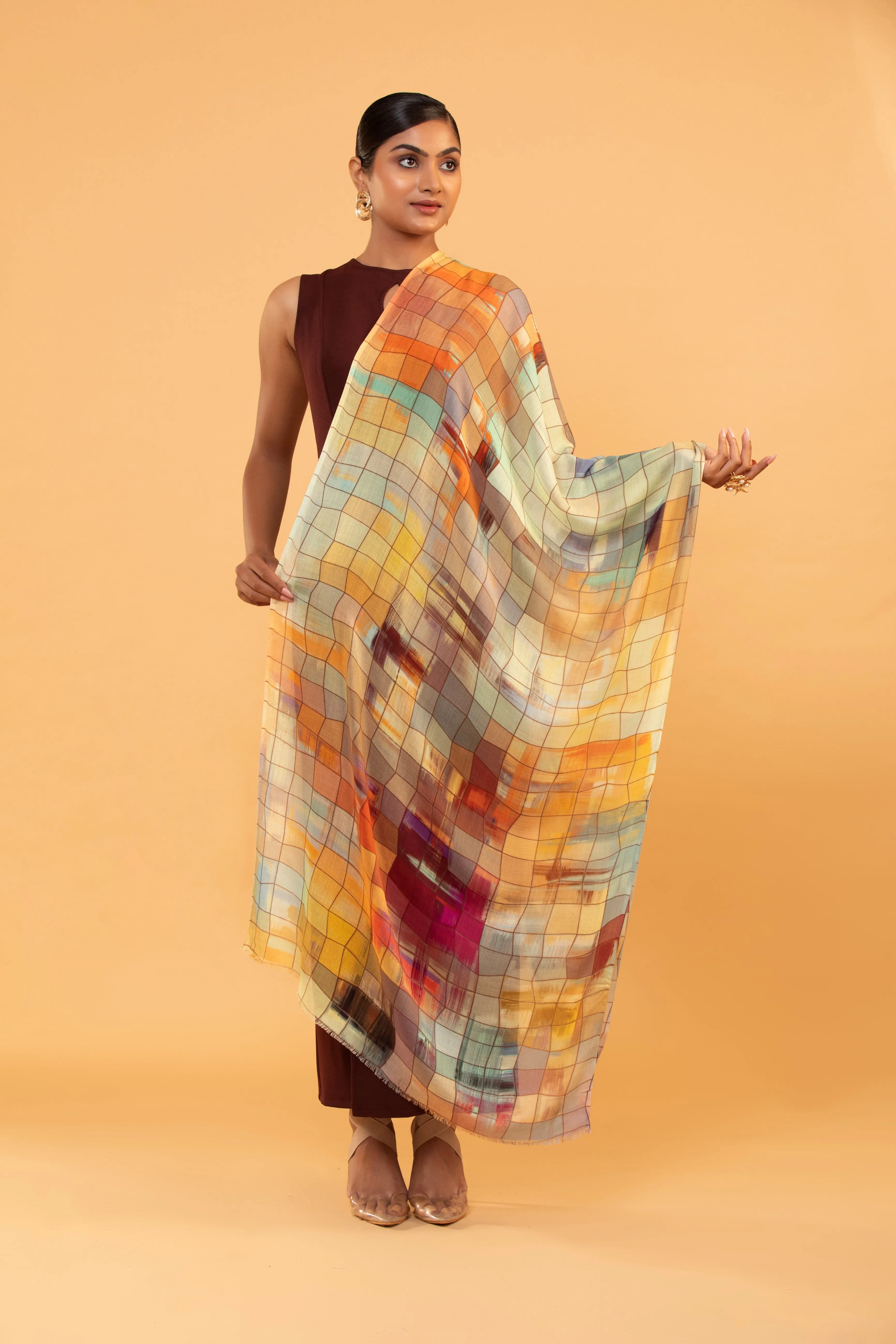 Fine Wool Loom Woven Stole – Multicolour Checked Design