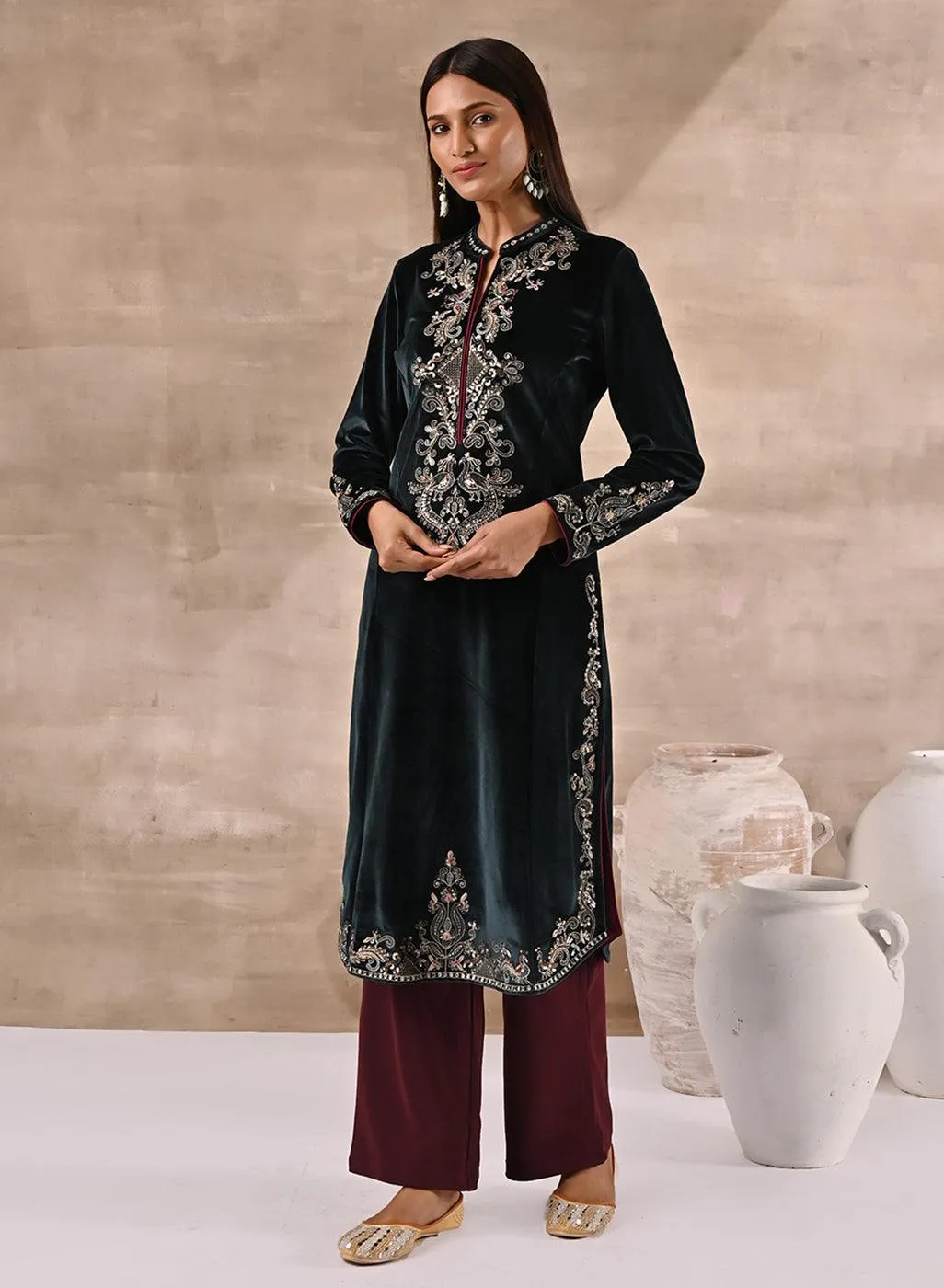 Green Velvet Kurta with Sequins Work