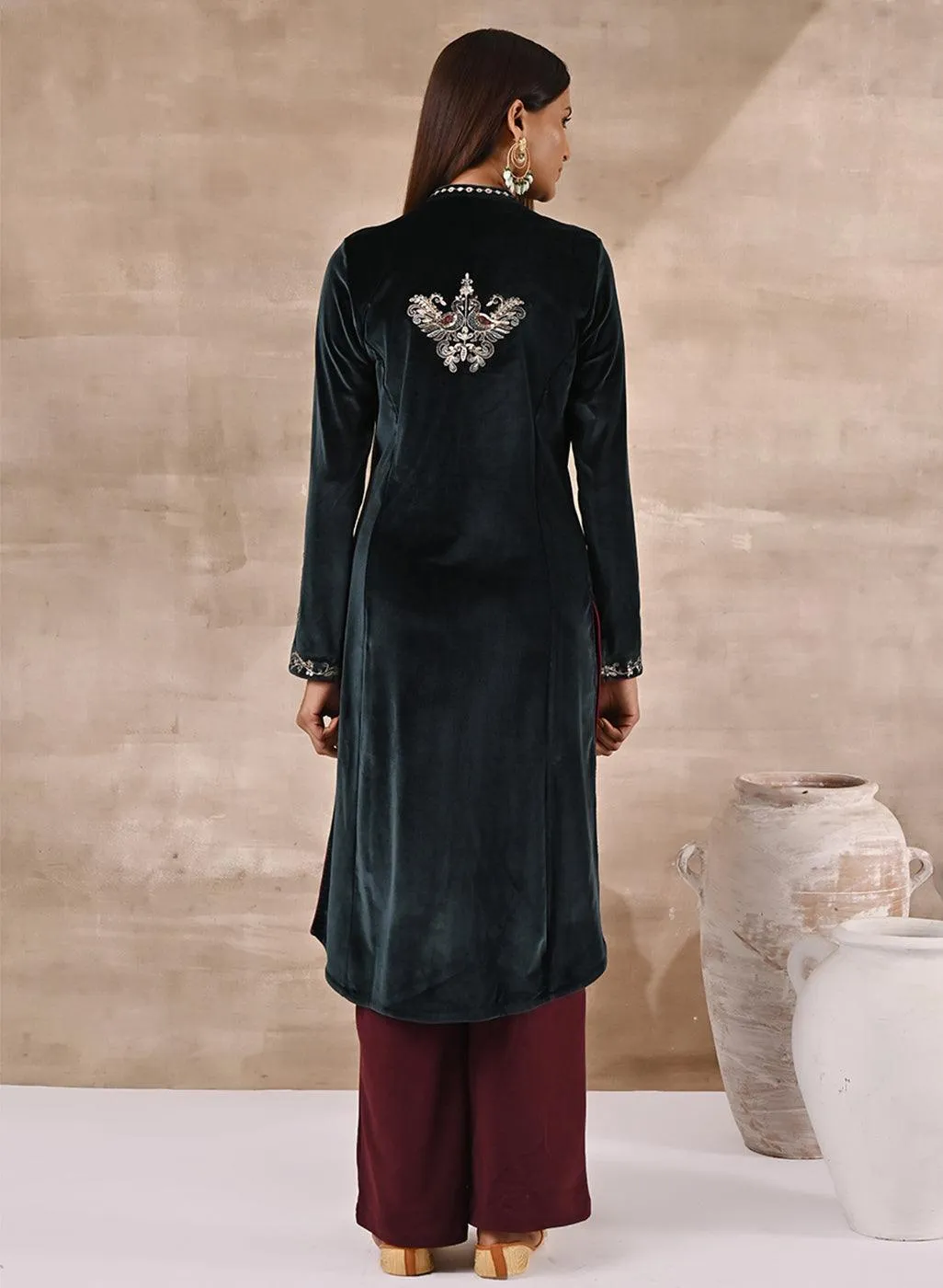 Green Velvet Kurta with Sequins Work