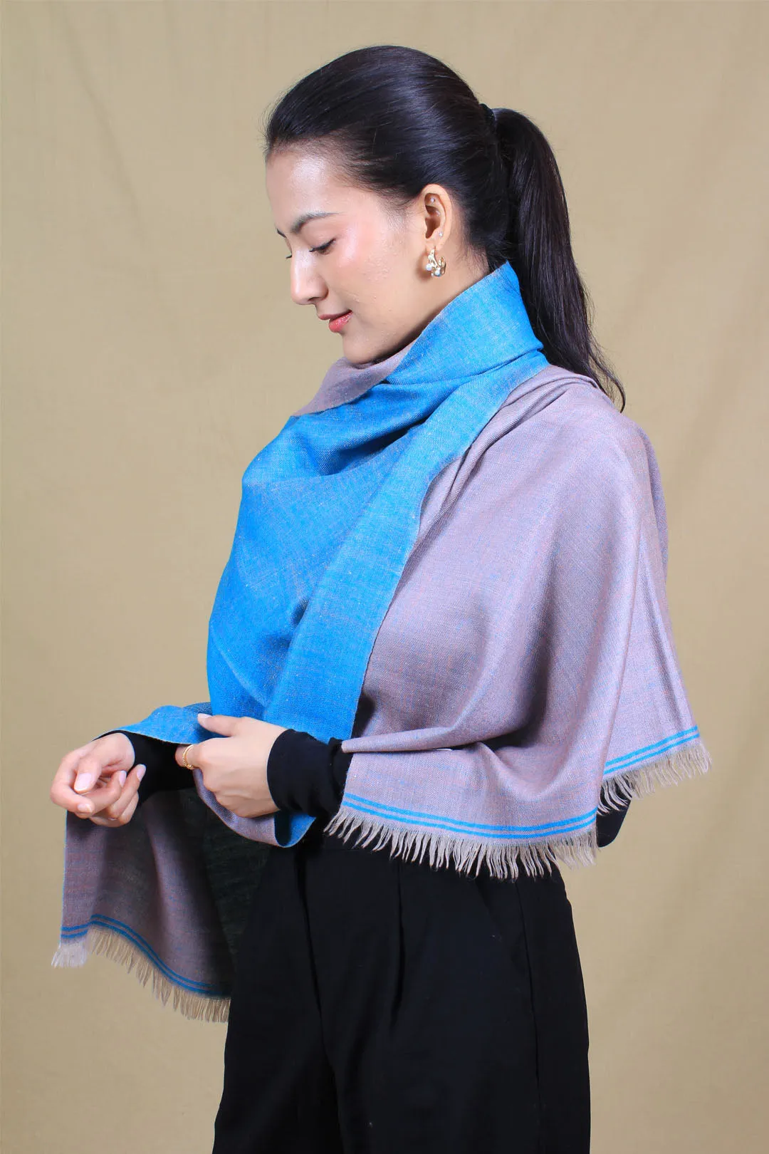 Gulcan Light Summer Blue And Grey Reversible Cashmere Stole
