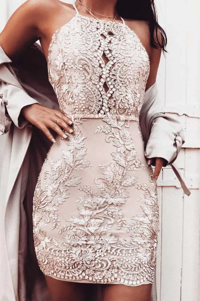 Handmade Embellished Mesh Rose Gold Backless Bodycon Dress