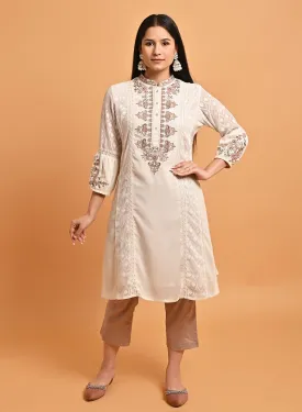 Ivory Long Kurta with Embroidery and Flared Sleeves