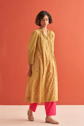 Lace Gathered Neck hand block printed kurta