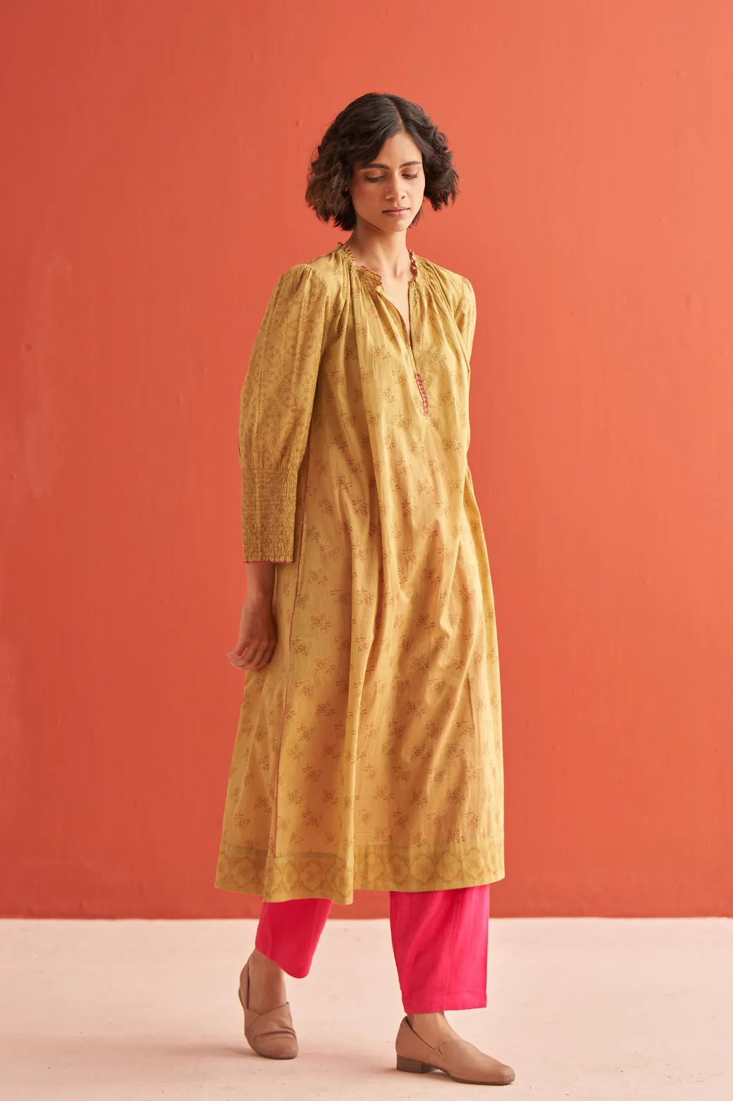 Lace Gathered Neck hand block printed kurta