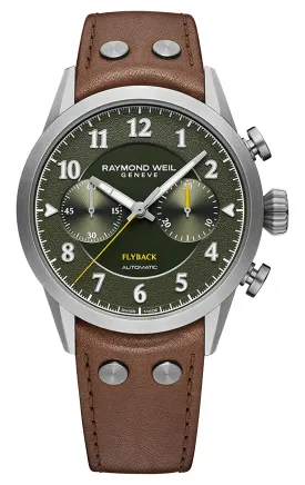 Limited Edition Raymond Weil Freelancer Automatic Pilot Flyback Chronograph Gray PVD Green Dial Brown Leather Strap Mens Watch 7783-TIC-05520