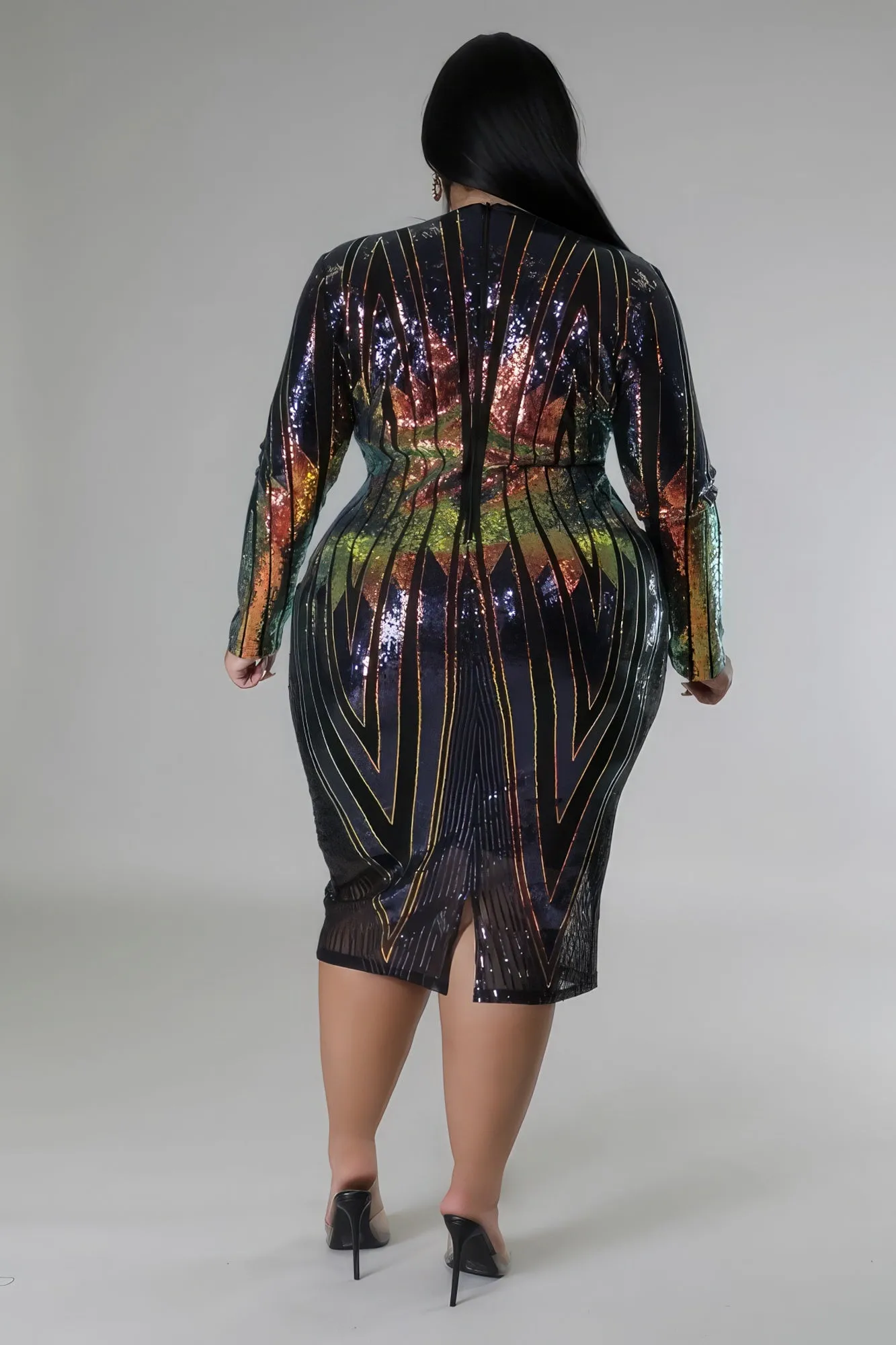 Long Sleeve Stretch Sequin V- cut Dress