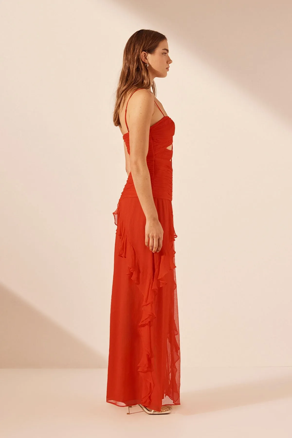 MAYA RUCHED LACE UP MAXI DRESS - HIBISCUS