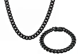 Mens 10mm Matte Black Stainless Steel Miami Cuban Link Chain With Box Clasp Set