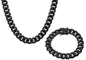 Mens 14mm Matte Black Plated Stainless Steel Miami Cuban Link Chain With Box Clasp Set