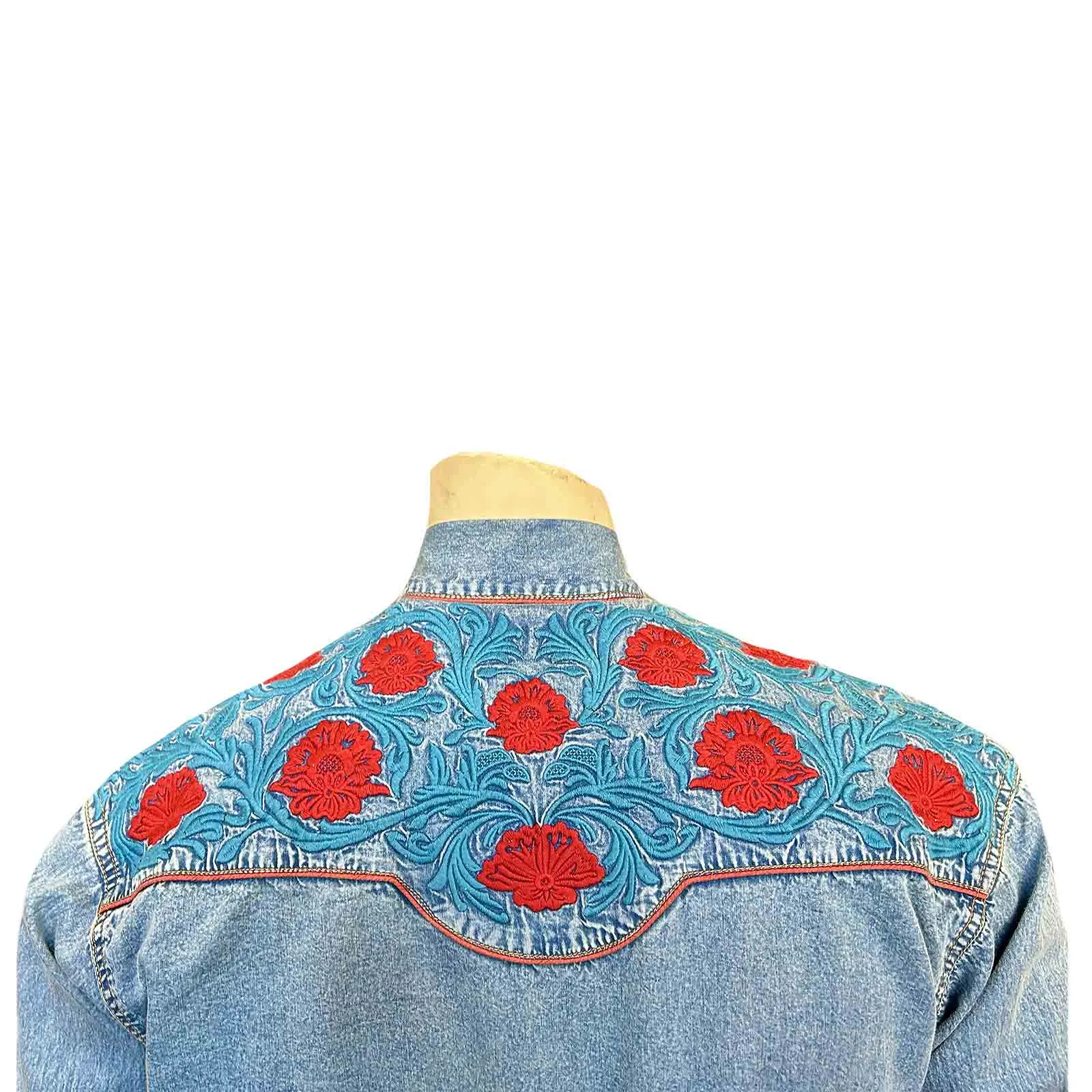 Men’s Denim Vintage Western Shirt with Red Floral & Turquoise Embroidery