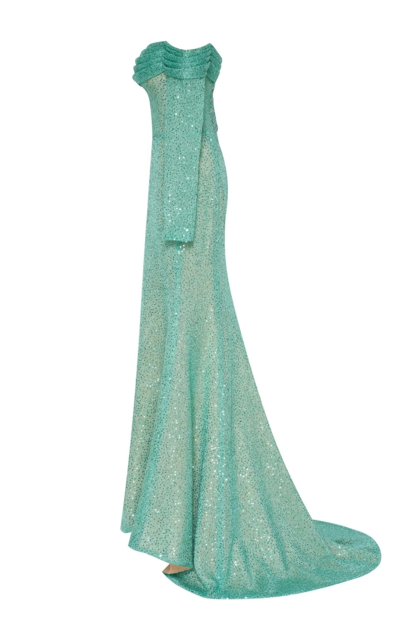 Mint Green Romantic off-the-shoulder sparkling long dress