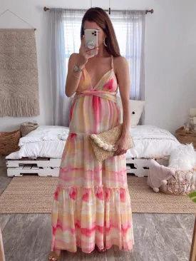 Momnfancy Elegant Pink Tie Dye Gradient Color Multi Way Falbala Backless Lace Up Holiday Beach Maternity Maxi Dress