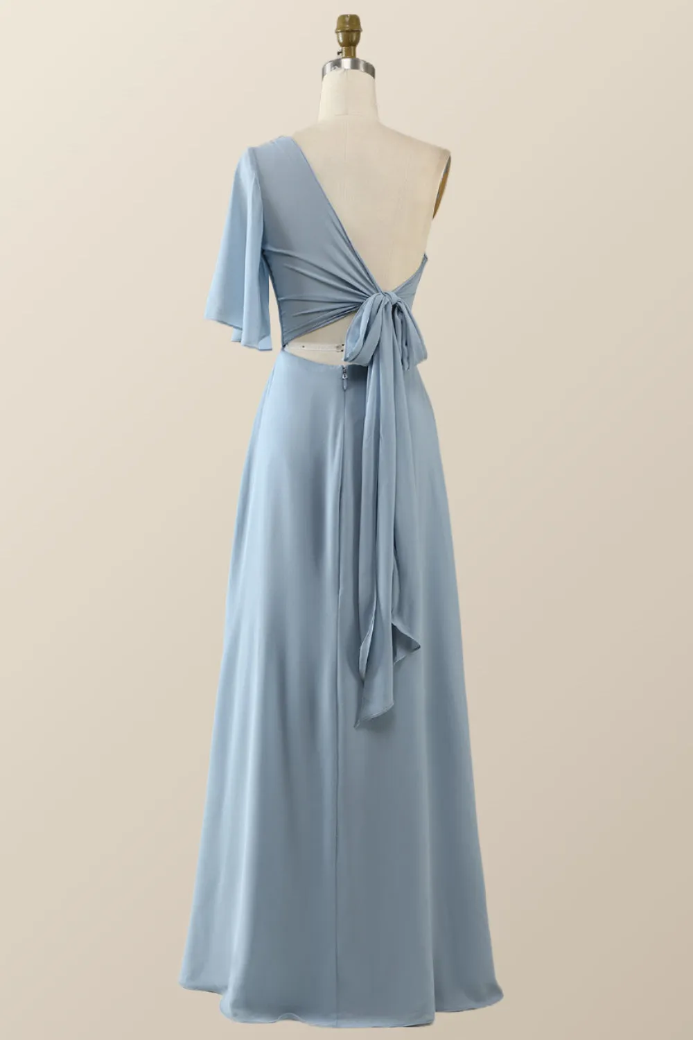 One Shoulder Blue Chiffon Long Bridesmaid Dress