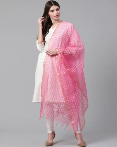 Pink Checked Dupatta for Women