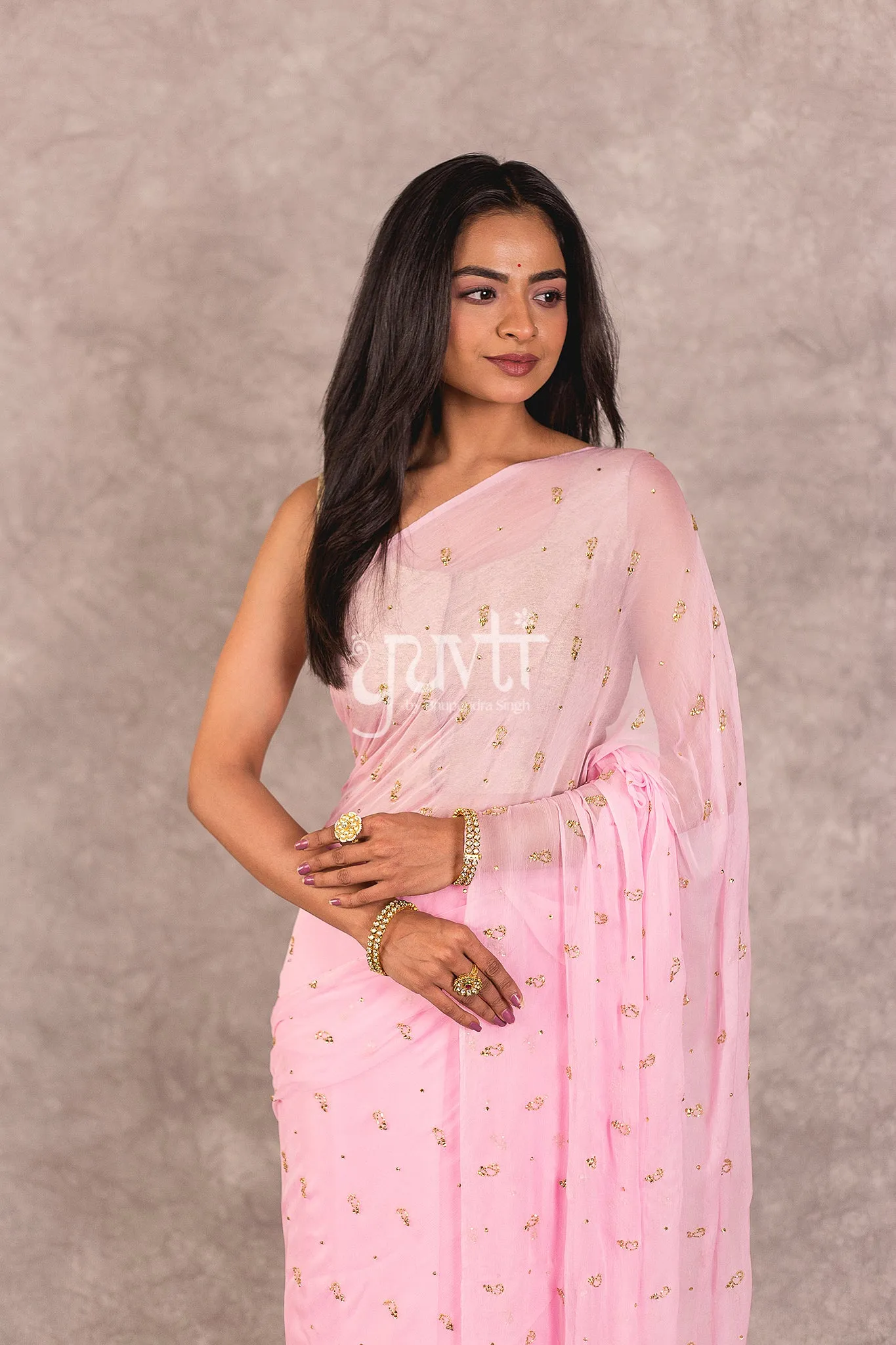 Pink Viscose Chiffon Kardhana Kundan work Saree