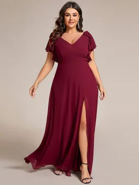 Plus Size Split Ruffles Sleeves with Bowknot Double V-neck Chiffon Bridesmaid Dress