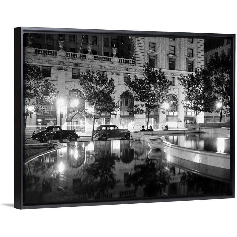 "1930's Night Scene 5th Avenue Tree Lined Sidewalk" Black Float Frame Canvas Art