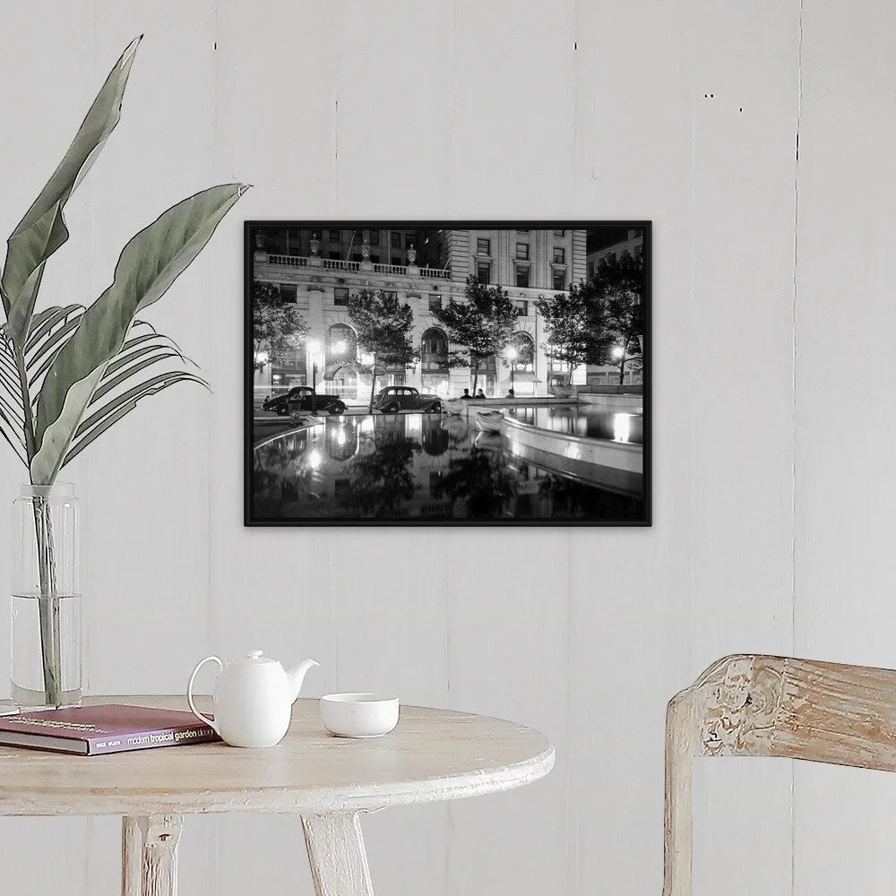 "1930's Night Scene 5th Avenue Tree Lined Sidewalk" Black Float Frame Canvas Art