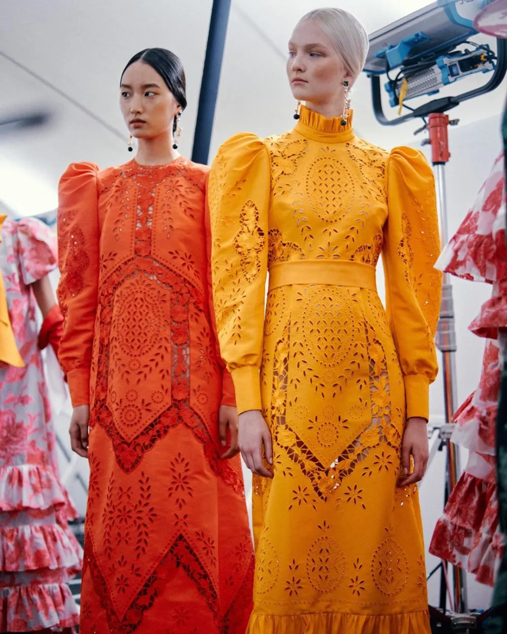 Spring 2020 Erdem Runway Look 41 Coral Red Embroidered Cut-Out Runway Dress w Buttoned Train