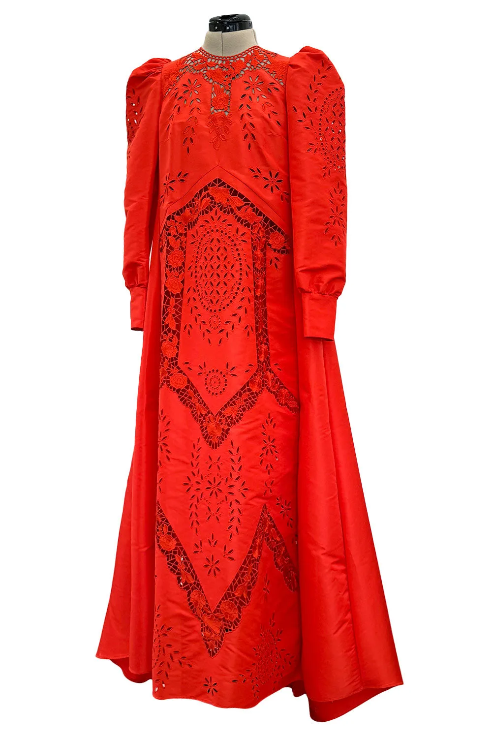 Spring 2020 Erdem Runway Look 41 Coral Red Embroidered Cut-Out Runway Dress w Buttoned Train