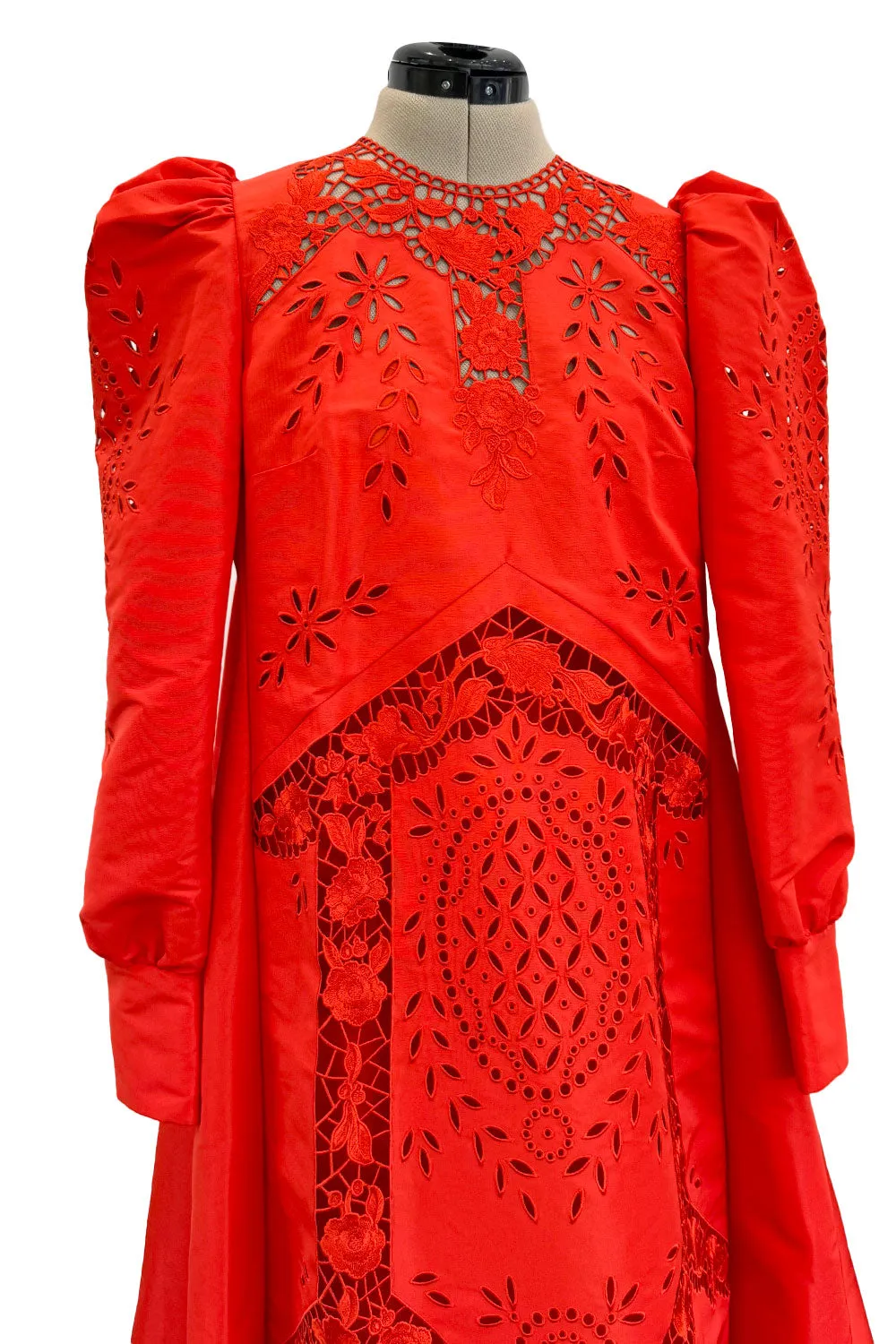 Spring 2020 Erdem Runway Look 41 Coral Red Embroidered Cut-Out Runway Dress w Buttoned Train