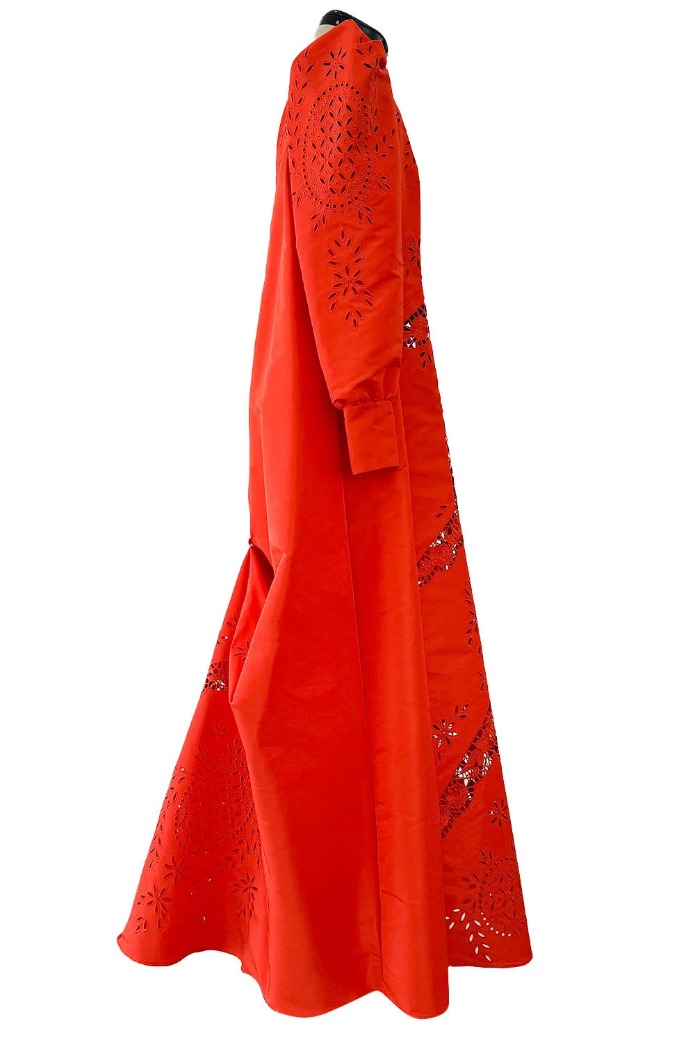 Spring 2020 Erdem Runway Look 41 Coral Red Embroidered Cut-Out Runway Dress w Buttoned Train